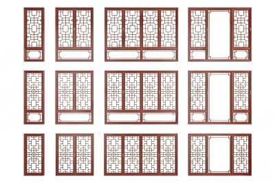 新中式红木落地窗3D模型下载